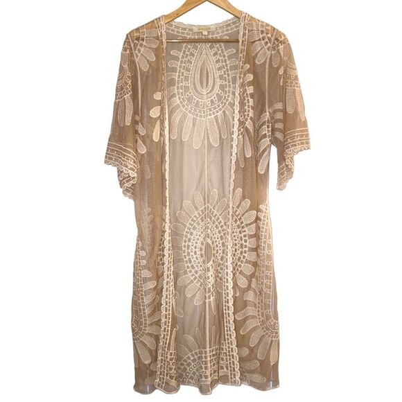 NEW Rebellion Again Nude Ivory Lace Beach Kimono Coverup Boho Duster sz L - Picture 2 of 4
